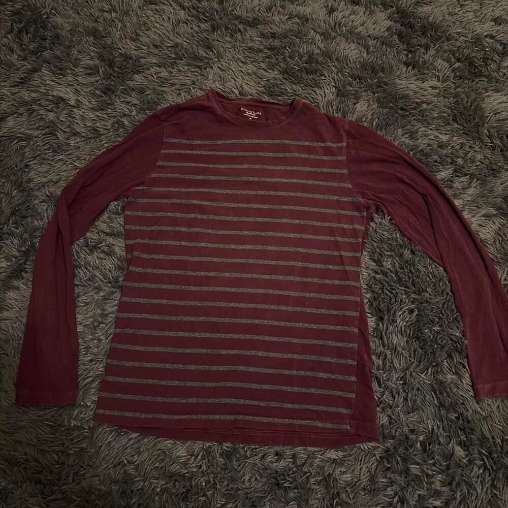 Burgundy Grey Striped Long Sleeve Shirt Y2K